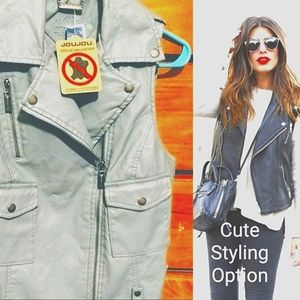 Jou Jou Vegan Leather Light Gray Moto Motorcycle Fashion Vest Zipper Biker Med